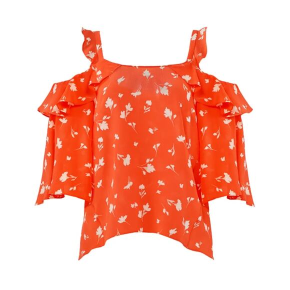 Shoshanna Bronwen Blouse Women’s XS Red 100% Silk Floral Cold Shoulder Top Flowy - Picture 1 of 9